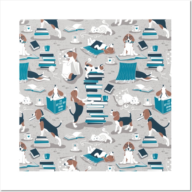 Life is better with books a hot drink and a friend // pattern // grey background brown white and blue beagles and cats and turquoise cozy details Wall Art by SelmaCardoso